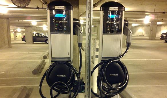 New electric car chargers have been installed in the parking decks at GMU's Fairfax and Arlington campuses (photo courtesy of George Mason Parking).