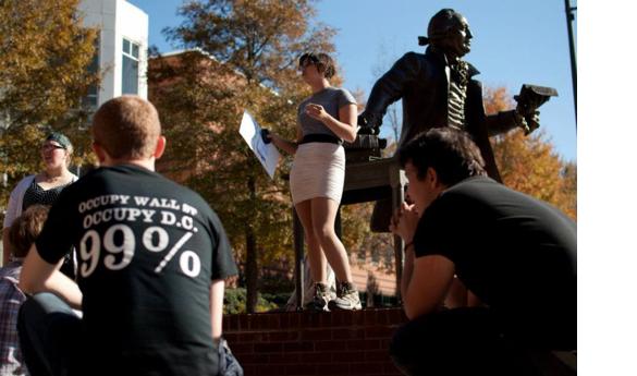 General Assembly members occupy The George Mason Statue. (Photo courtesy of Edward Kyle)