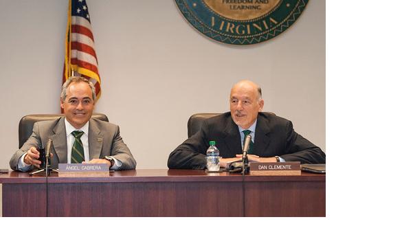 President Cabrera and Rector Clemente speak at a BOV meeting. (photo courtesy of Alexis Glenn.)