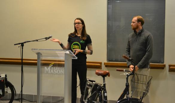 Marina Budmir and Tyler Orton discuss the future of Patriot Bike-Share at the program's launch ceremony. (Photo by Alex Perry.)