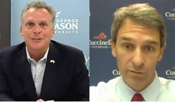Terry McAuliffe (left) and Ken Cuccinelli (right) talked with college students in a Google Hangout hosted by Virginia21 (photo courtesy of Virginia21).