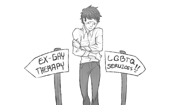 After going undercover at Mason's LBTGQ Services, some groups say that Mason doesn't do enough to promote ex-gay therapies (illustration by Katryna Henderson).